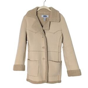 Vintage Y2K Old Navy Sz S Tan Penny Lane Faux Suede Sherpa Lined Long Coat